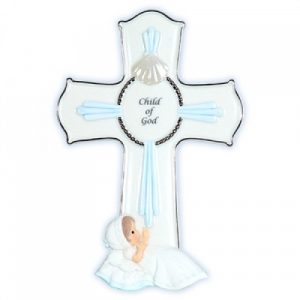 PRECIOUS MOMENTS: Child Of God - Boy Baptism Cross With Stand