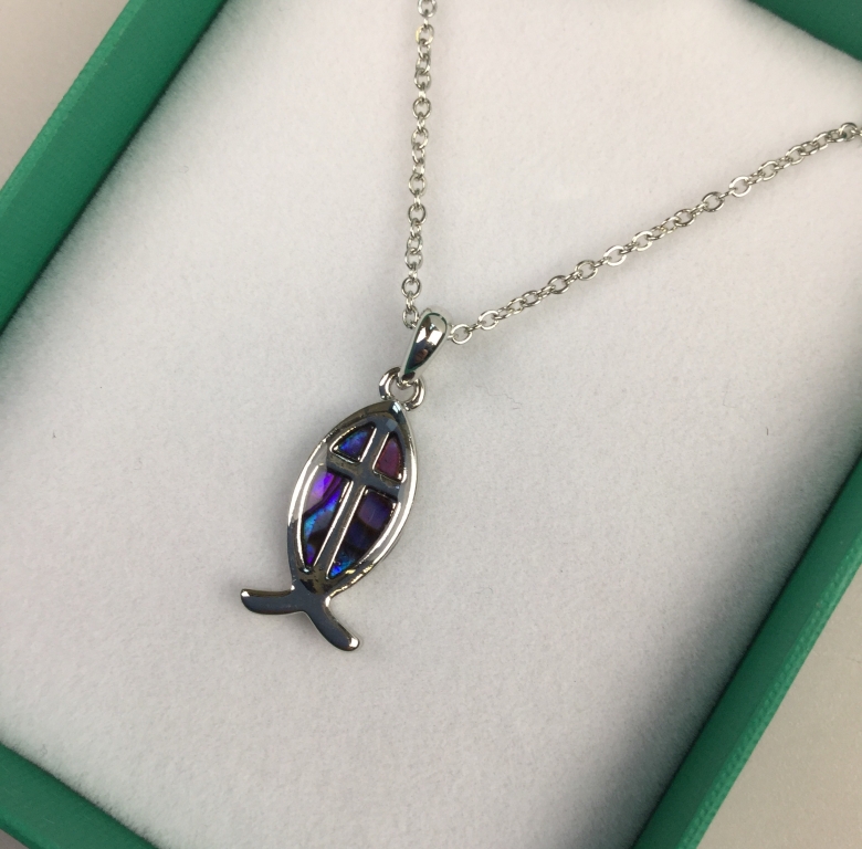 Inlaid Paua Shell Fish with Cross Pendant Purple – Potters House Limited