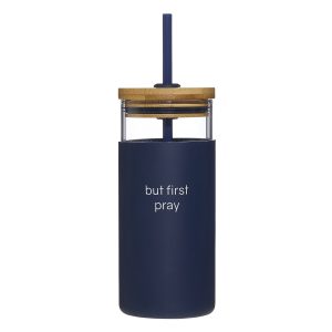 Boxed Glass & Bamboo Tumbler with Straw - But First Pray