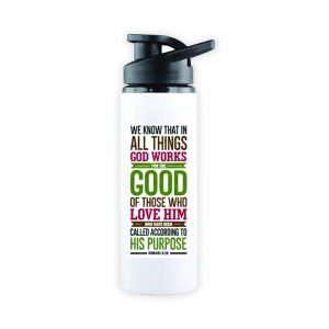 White Sports Bottle - We know that in all things God works for the good… Romans 8:26
